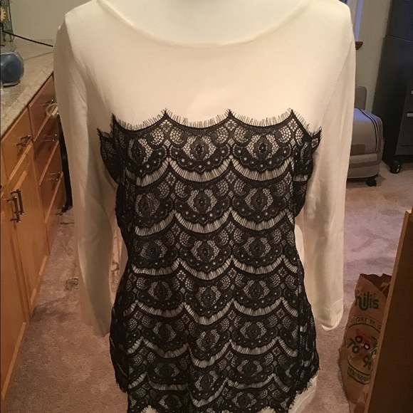 Roz & Ali Sweaters - Black and White Lace Front Sweater